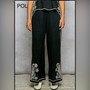 BPB224-5🖤🤍NEW! POL pristine Black soft cotton Floral Embroidered wide leg pants